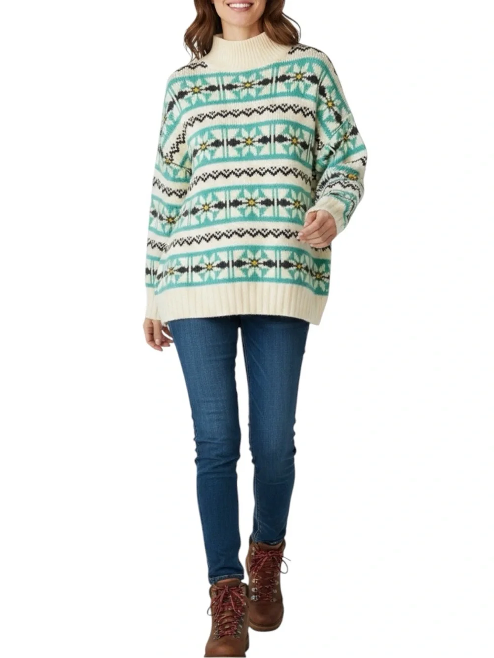 AMERICAN EAGLE Oversized Fair Isles Mock Neck Winter Sweater  Size L — WOW!!!